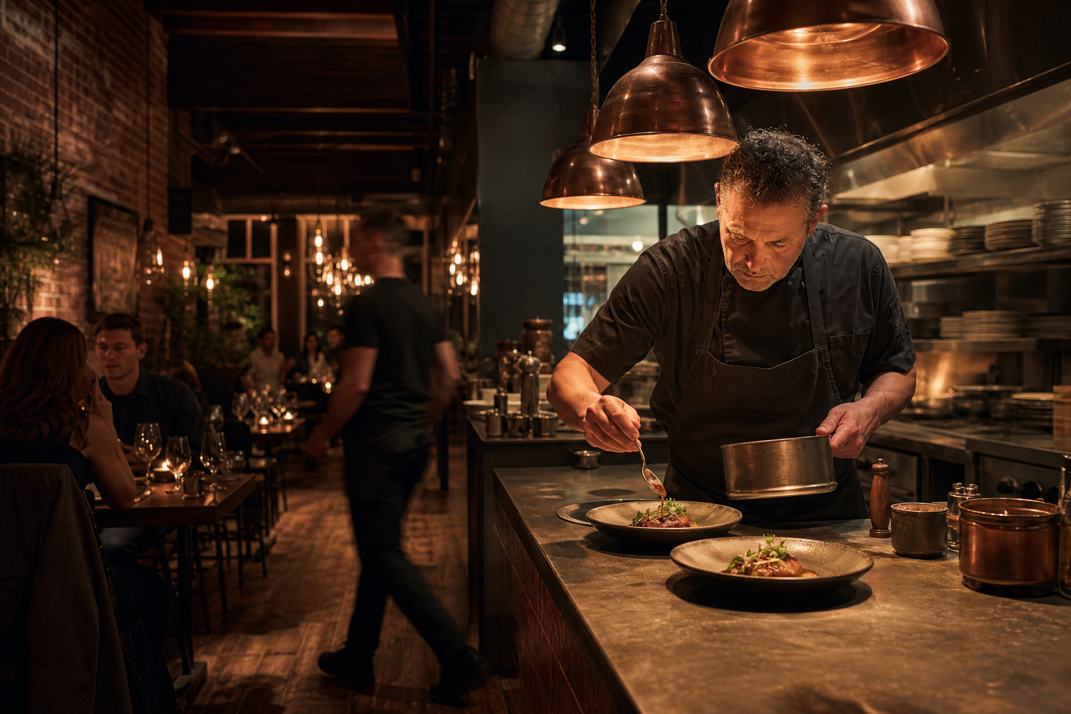 Chef preparing a dish in a restaurant kitchen