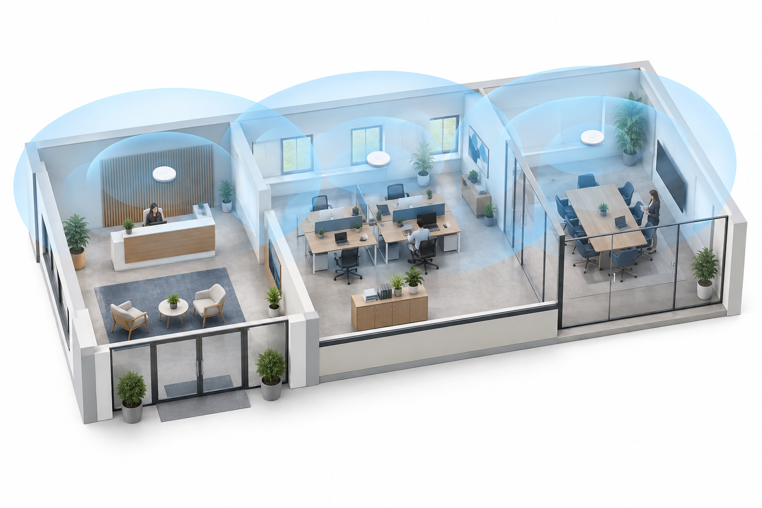 Conceptual Wi-Fi coverage across a business reception area, workstations, and meeting room