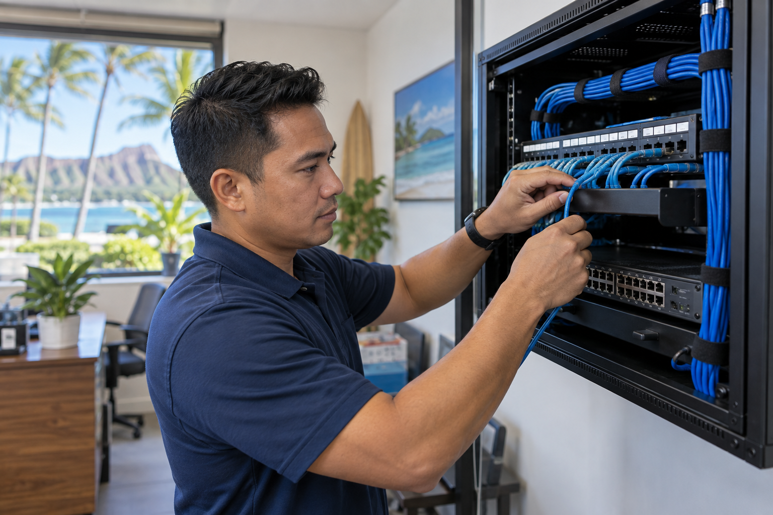 Technician connecting neatly organized network cabling