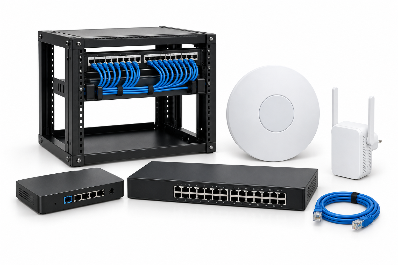 Illustrative grouping of a network rack, router, switch, wireless access point, Wi-Fi extender, and Ethernet cable