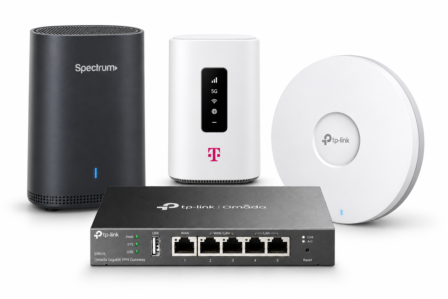 Illustration of a Spectrum router, T-Mobile 5G gateway, TP-Link router, and TP-Link access point
