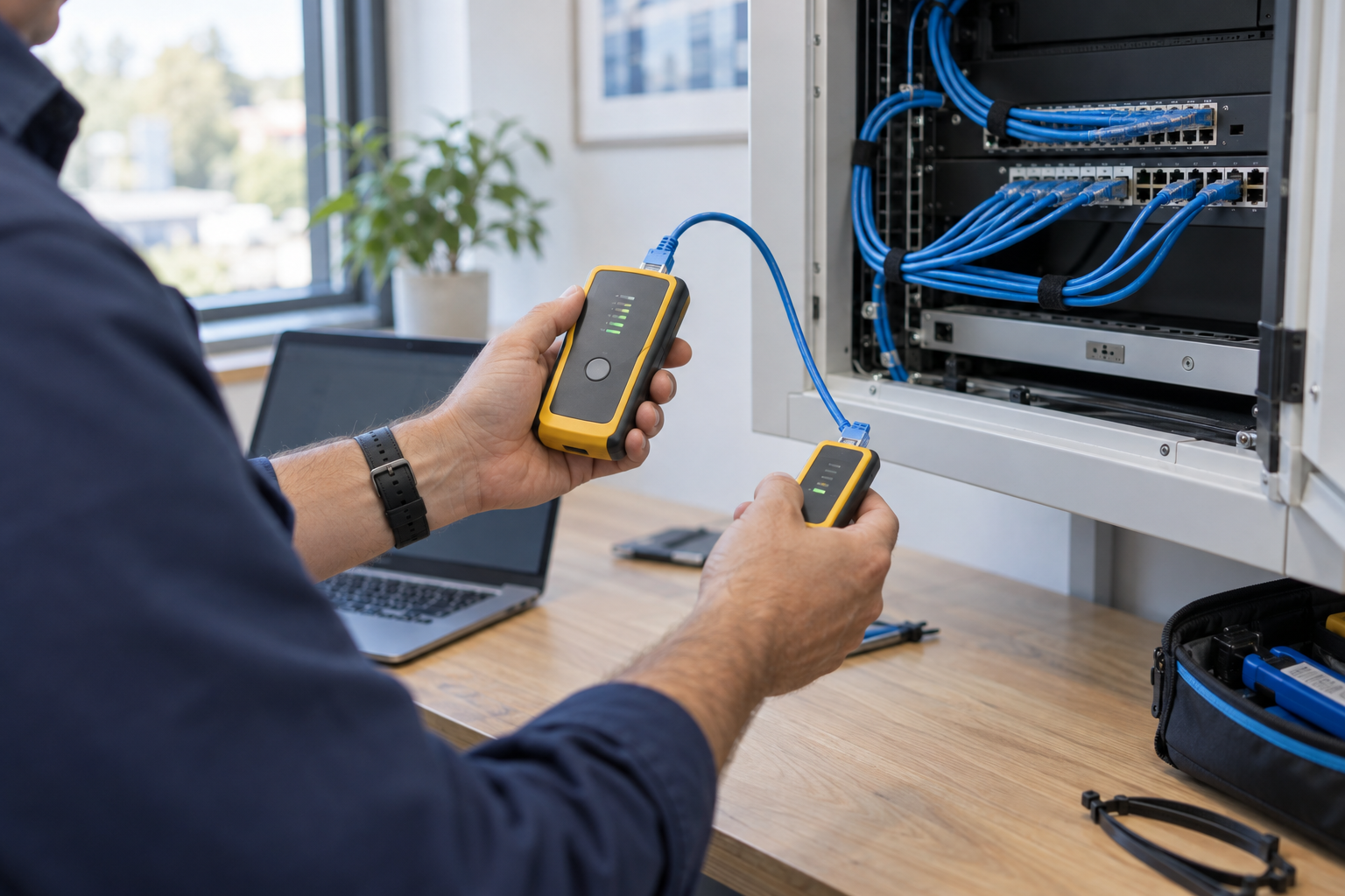Technician using a cable tester beside network equipment