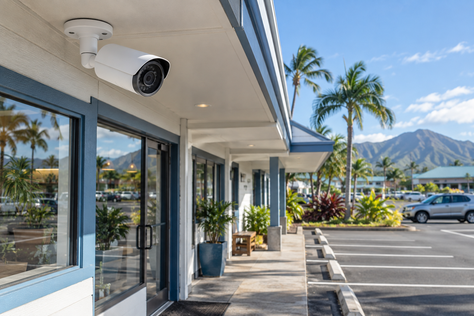Exterior security camera overlooking a storefront and parking area