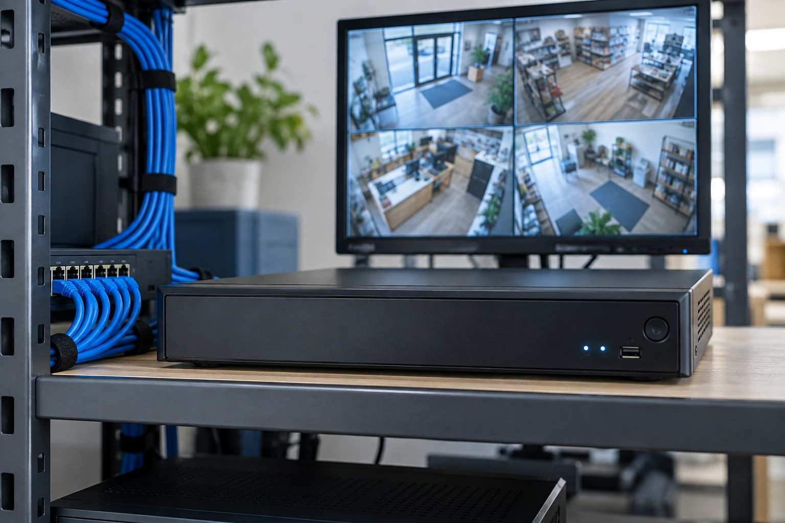 Network video recorder with organized cables and camera viewing monitor
