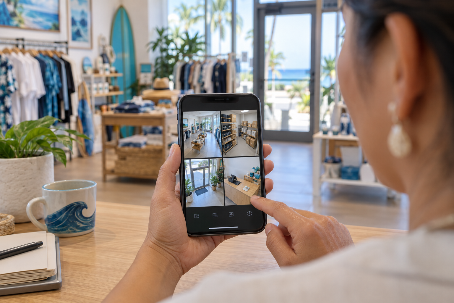 Business owner reviewing camera views on a smartphone