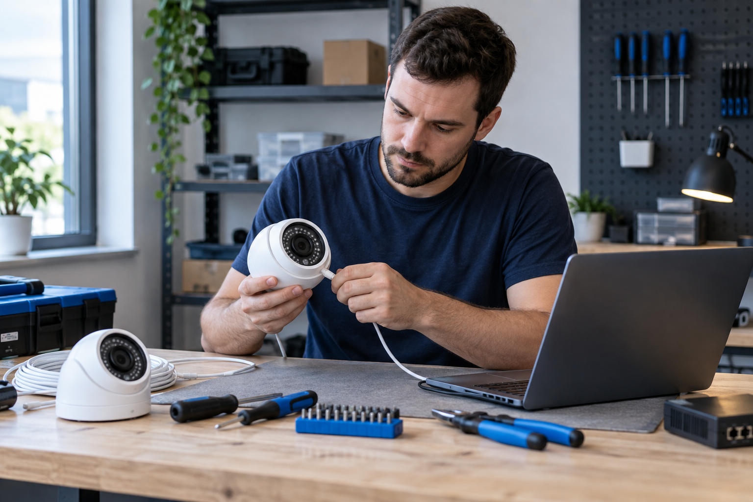 Technician checking a security camera and laptop at a workbench